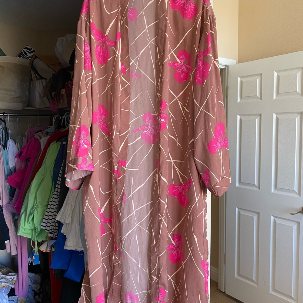 a new day Brown Kimono with Pink Floral Pattern